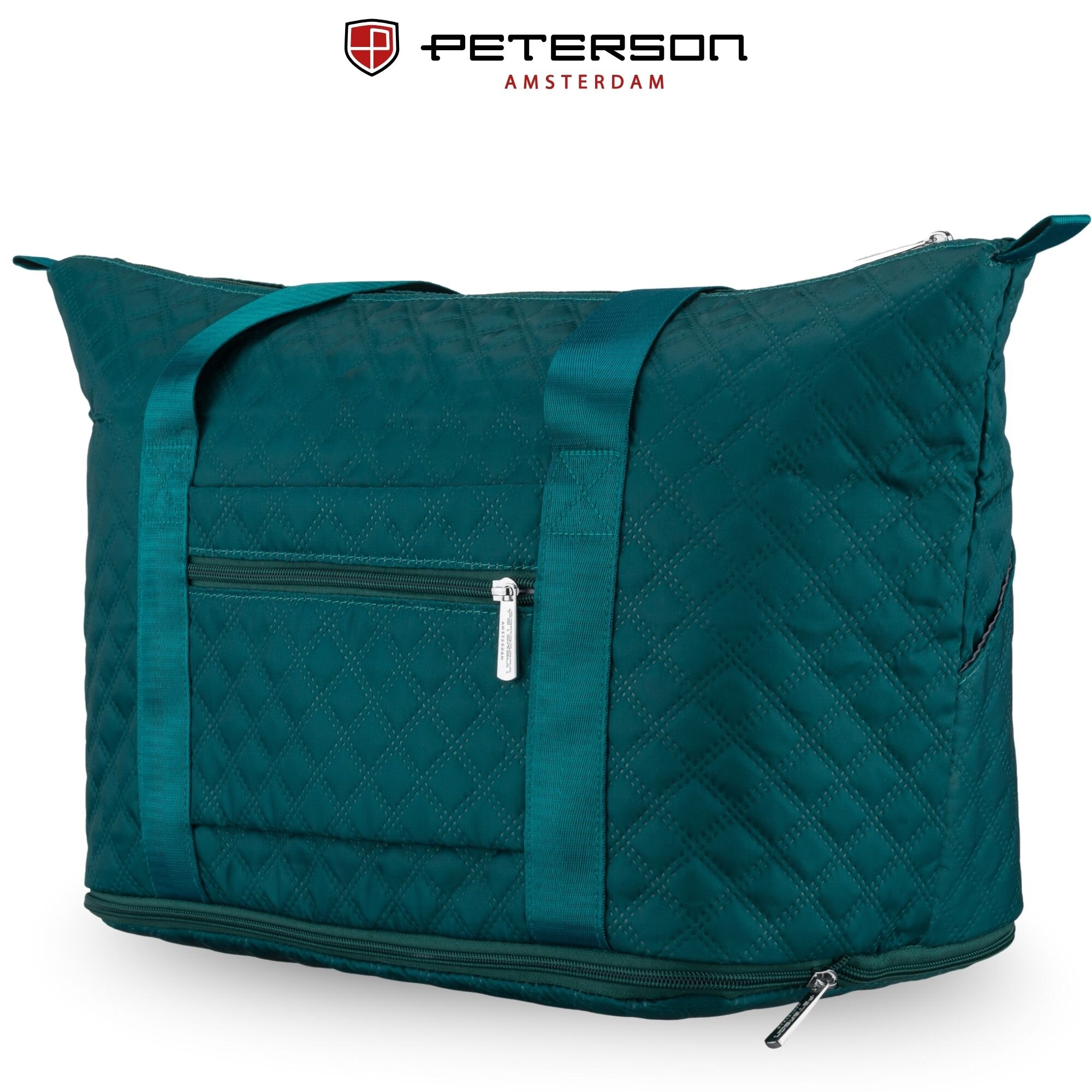 Turkusowa, pikowana torba sportowa z zamkiem błyskawicznym i kieszenią z przodu. Logo: PETERSON AMSTERDAM.