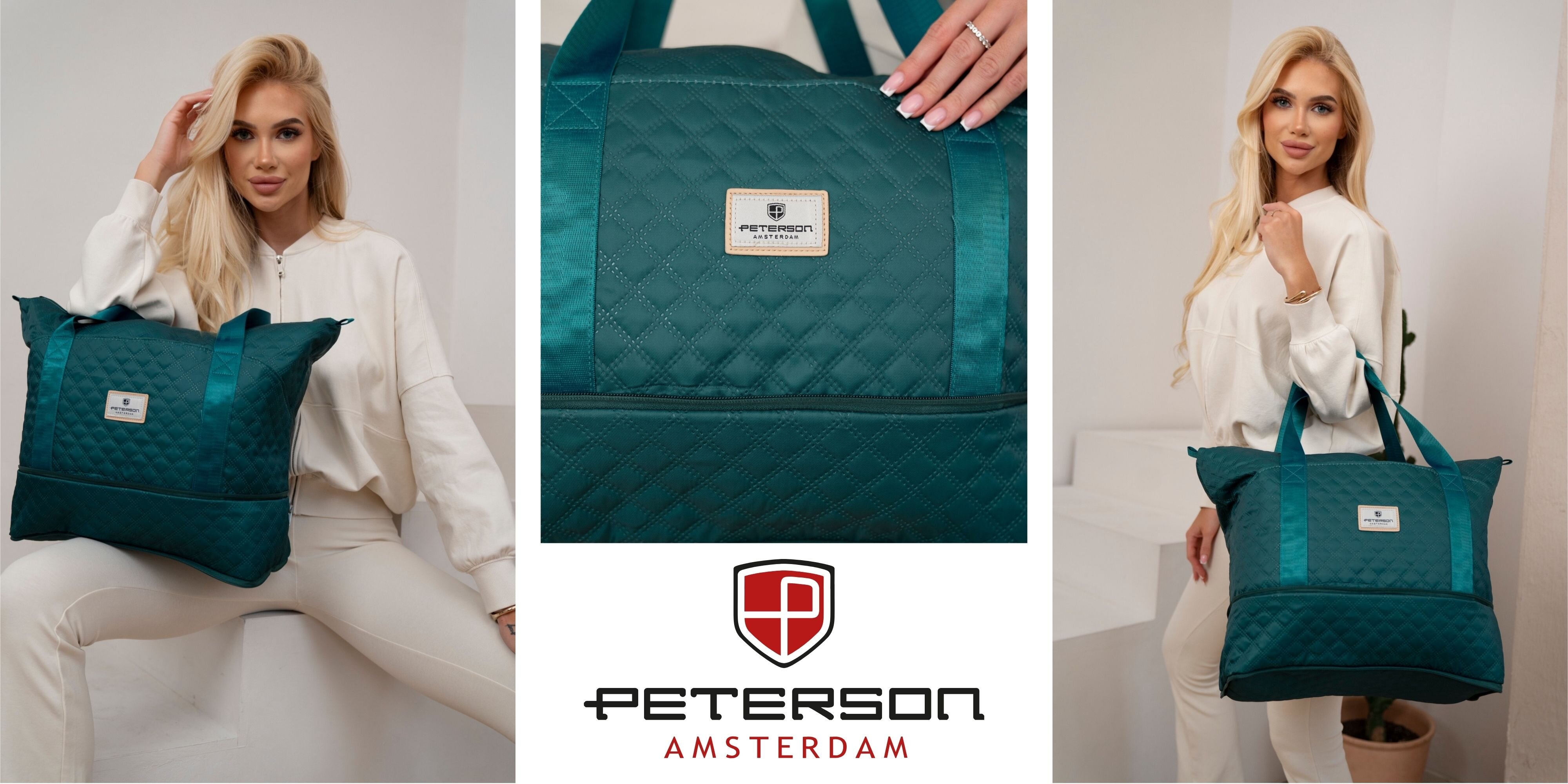 Na zdjęciu widoczna jest turkusowa, pikowana torba sportowa na ramię z logo \'Peterson Amsterdam\'. Torba prezentowana jest przez osobę ubraną na biało, a poniżej znajduje się logo \'Peterson Amsterdam\'.