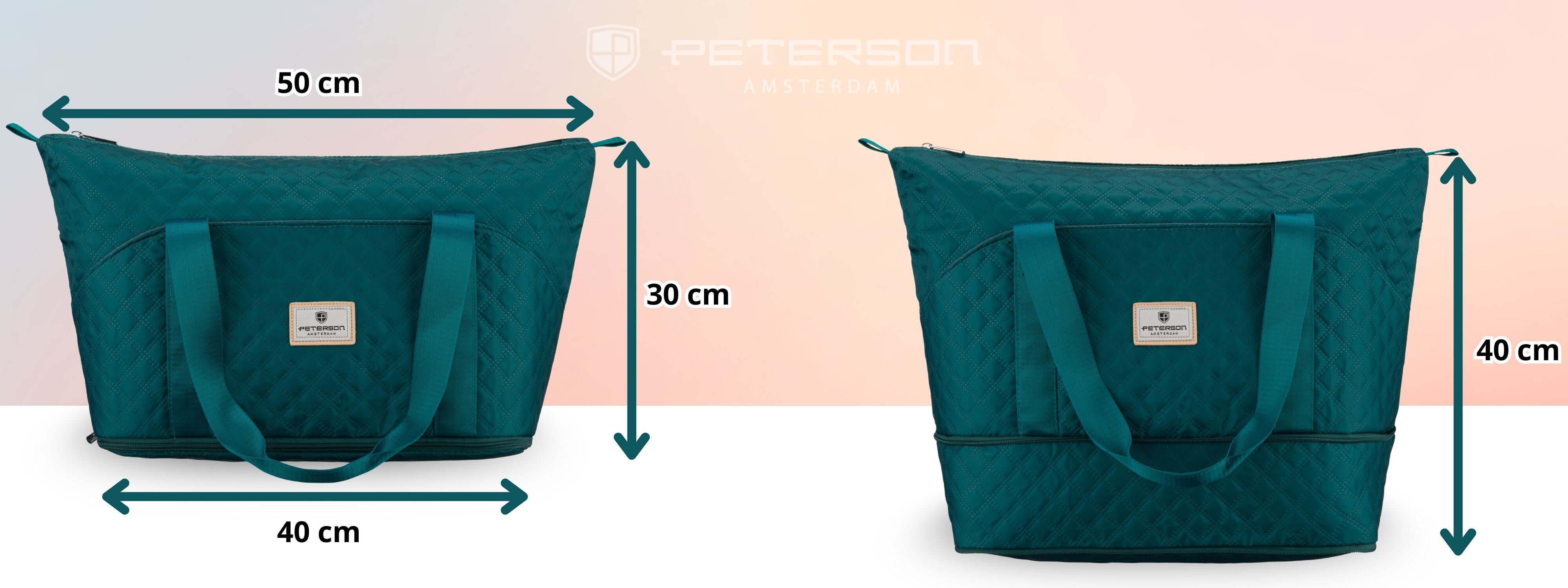 Dwie turkusowe, pikowane torby sportowe na ramię z logo \'Peterson\' i wymiarami: jedna 50 cm x 30 cm, druga 40 cm x 40 cm.