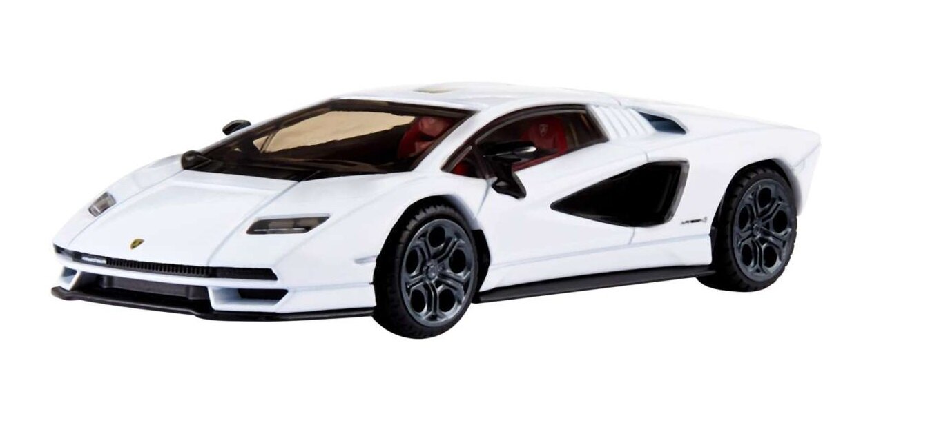 Model samochodu w skali 1:43 przedstawiający biały sportowy pojazd z czarnymi detalami i ciemnymi szybami. Na przodzie widoczne jest logo producenta.