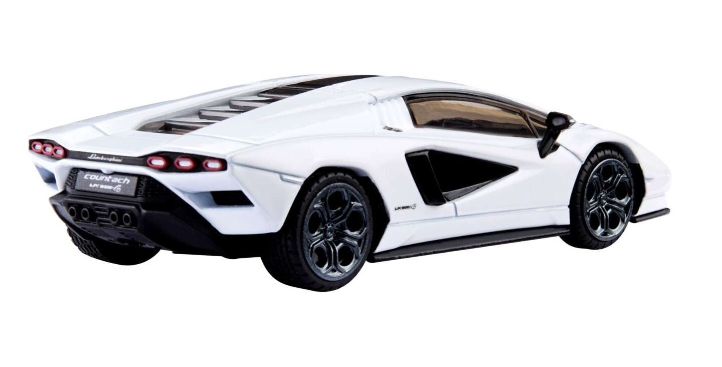 Model samochodu w kolorze białym z czarnymi detalami, przedstawiający sportowy pojazd z charakterystycznymi tylnymi światłami i logo \'Lamborghini\' oraz napisem \'Countach LPI 800-4\' na tylnej tablicy.