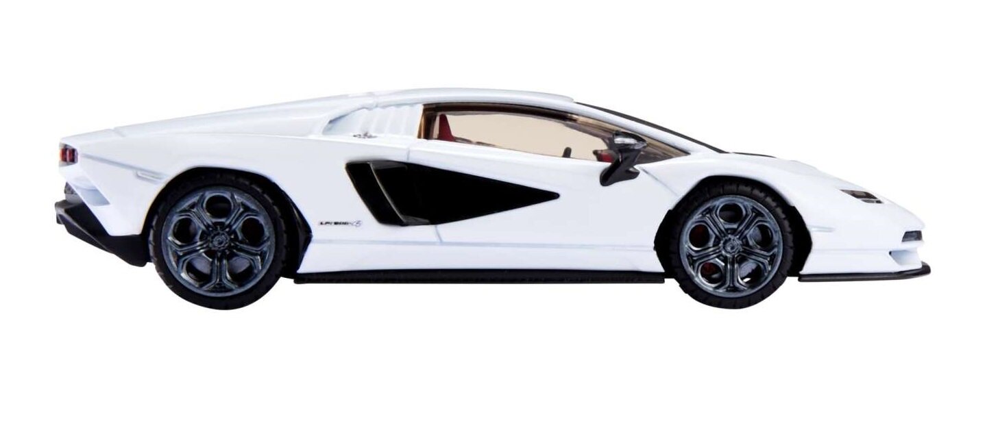 Model samochodu w skali 1:43 przedstawiający biały sportowy pojazd z czarnymi detalami i ciemnymi felgami. Na boku widoczny jest napis \'Lamborghini\'.