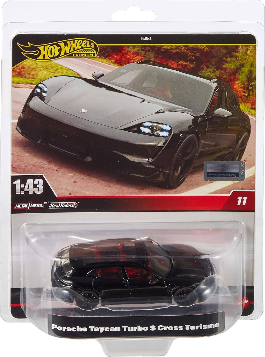 Opakowanie modelu samochodu Hot Wheels z widocznym czarnym Porsche Taycan Turbo S Cross Turismo w skali 1:43. Na opakowaniu znajduje się logo Hot Wheels oraz napis \'Porsche Taycan Turbo S Cross Turismo\'.
