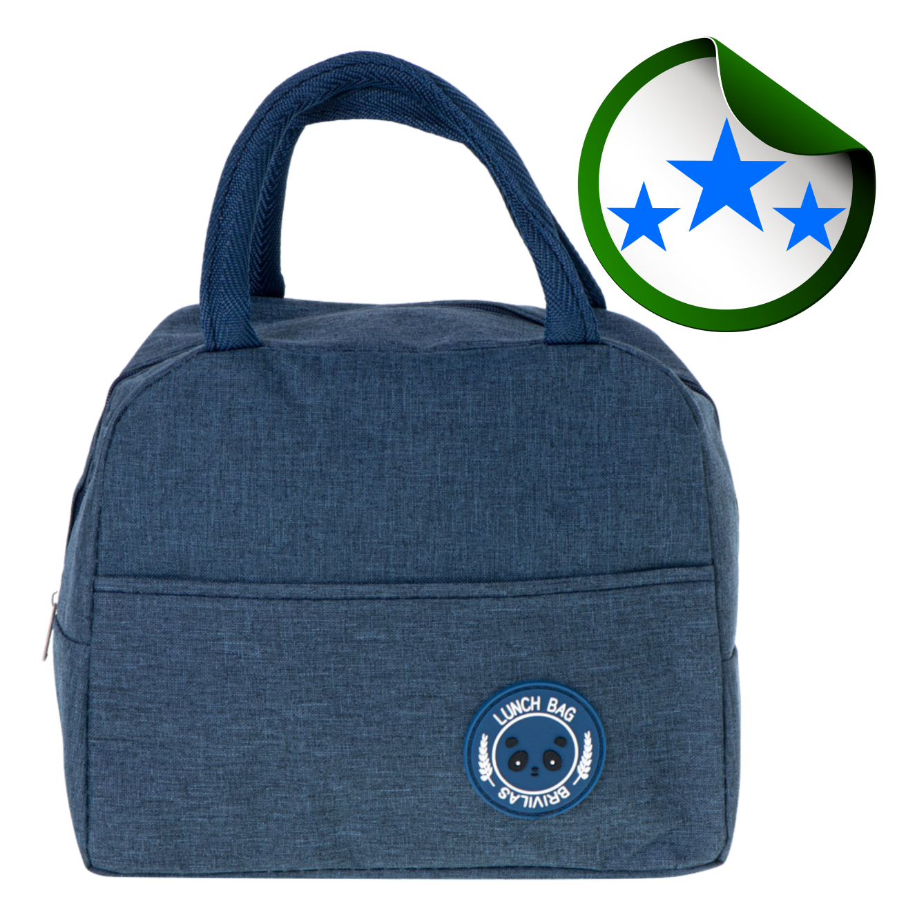 Granatowa torba termiczna z krótkimi uchwytami, posiada okrągły emblemat z napisem \'LUNCH BAG BRIVILAS\'. Obok torby znajduje się zielona naklejka z trzema niebieskimi gwiazdkami.