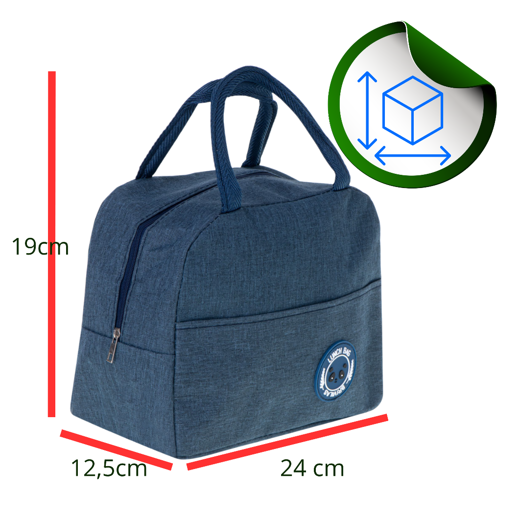 Granatowa torba termiczna z uchwytami, z widocznymi wymiarami: 19 cm wysokości, 12,5 cm szerokości i 24 cm długości. Na torbie znajduje się okrągły emblemat z napisem \'LUNCH BAG\' oraz symbol kostki z wymiarami w zielonym okręgu.