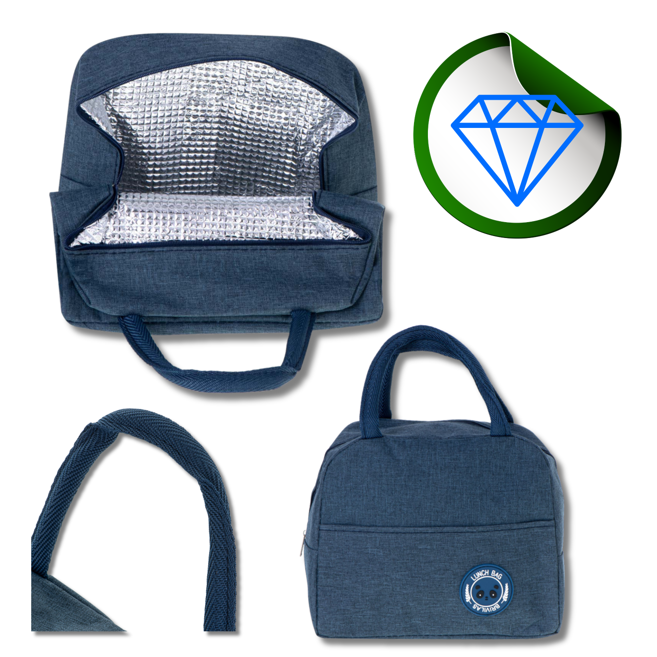 Na obrazie widoczna jest granatowa torba termiczna z otwartą komorą wyłożoną materiałem izolacyjnym. Na torbie znajduje się okrągłe logo z napisem \'LUNCH BAG BY AWARD\', a obok widoczna jest ikona diamentu na zielonym tle.