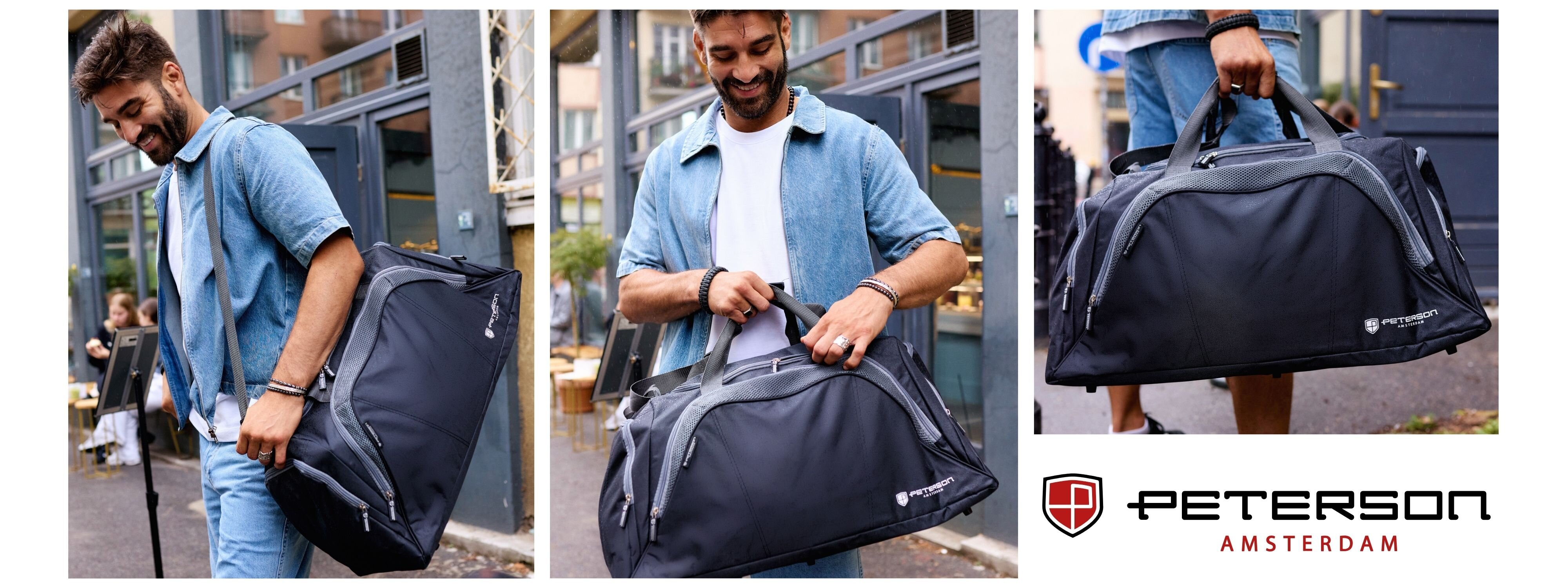 Trzy zdjęcia przedstawiają czarną torbę podróżną sportową na ramię z logo \'Peterson Amsterdam\'. Torba jest prezentowana w różnych ujęciach, w tym noszona na ramieniu i trzymana w rękach.