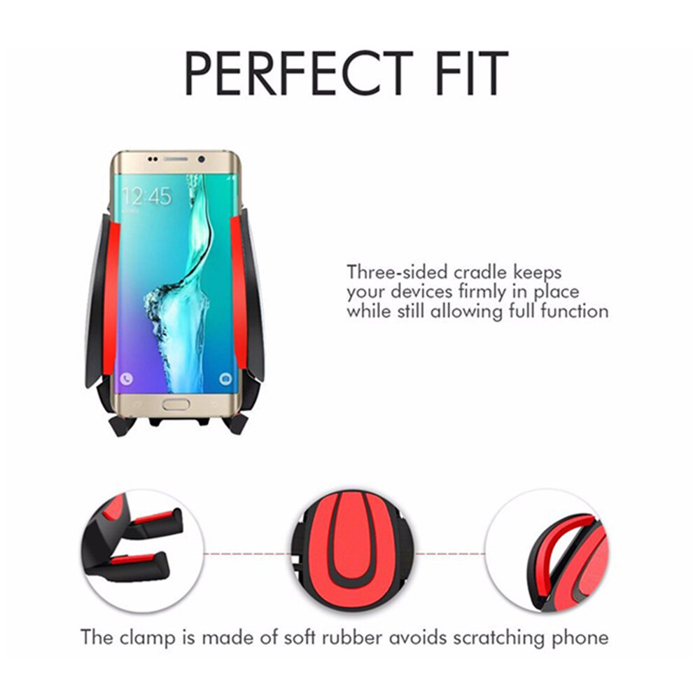 Obraz przedstawia uchwyt samochodowy na telefon z trzema bokami, który utrzymuje urządzenie na miejscu. Widoczny jest tekst: \'PERFECT FIT\', \'Three-sided cradle keeps your devices firmly in place while still allowing full function\', \'The clamp is made of soft rubber avoids scratching phone\'.