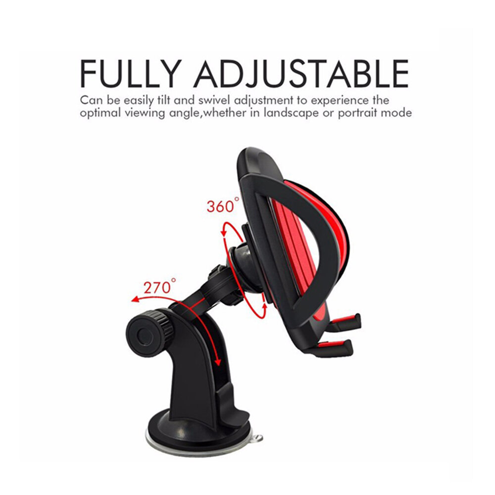 Obraz przedstawia uniwersalny uchwyt samochodowy do telefonu z możliwością obrotu o 360 stopni. Widoczny jest tekst: \'FULLY ADJUSTABLE Can be easily tilt and swivel adjustment to experience the optimal viewing angle, whether in landscape or portrait mode\'.