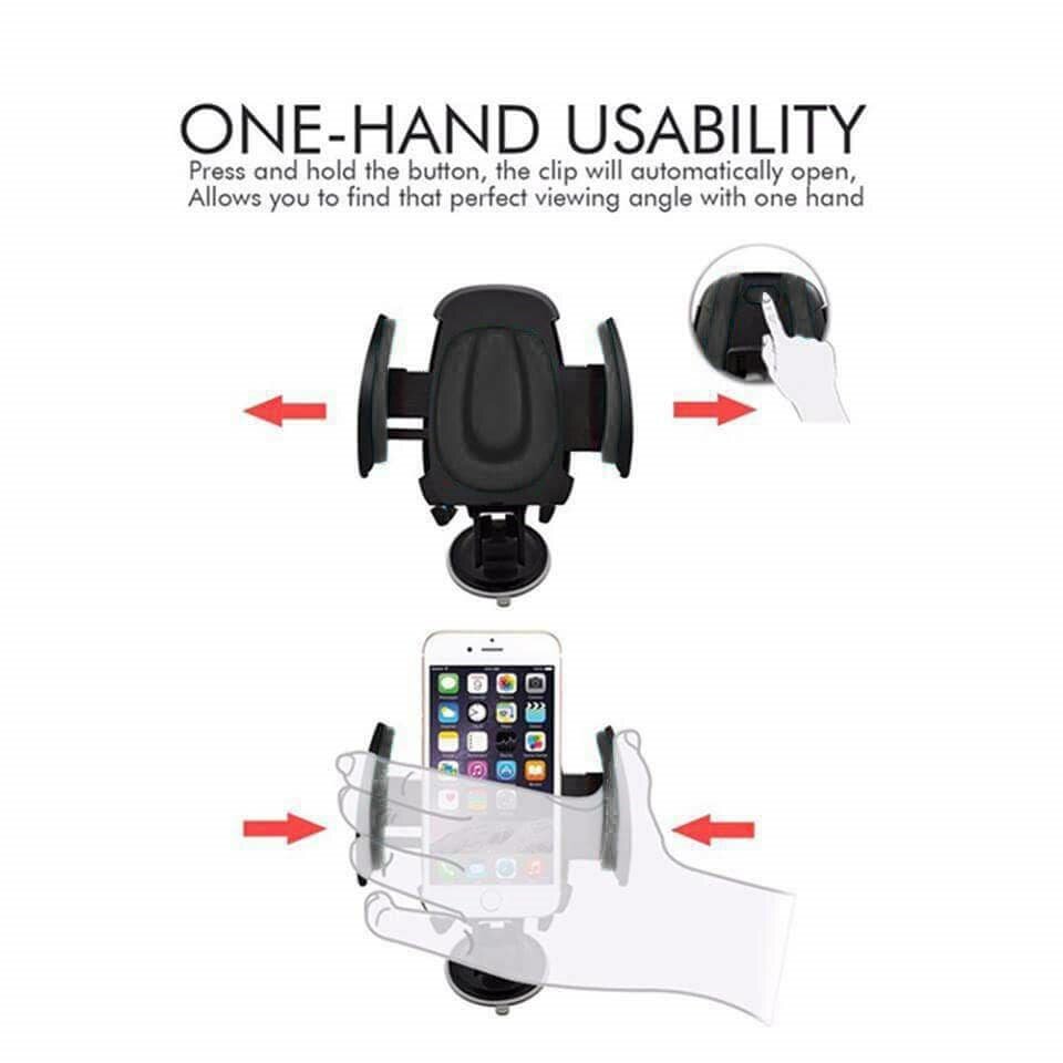 Obraz przedstawia uniwersalny uchwyt samochodowy do telefonu z możliwością obrotu o 360 stopni, z tekstem \'ONE-HAND USABILITY\'. Widoczna jest ilustracja pokazująca sposób użycia uchwytu jedną ręką oraz telefon umieszczony w uchwycie.