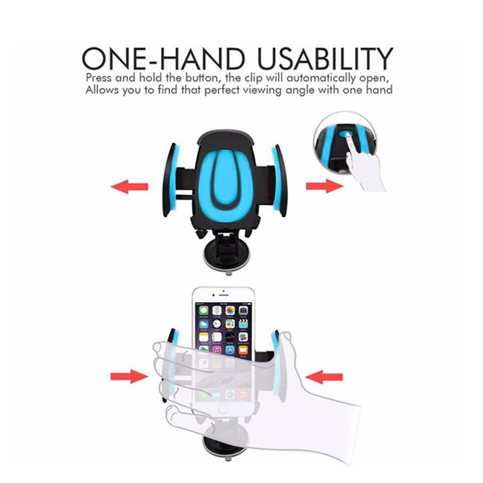 Obraz przedstawia uniwersalny uchwyt samochodowy do telefonu z możliwością obrotu o 360 stopni. Widoczny jest tekst: \'ONE-HAND USABILITY Press and hold the button, the clip will automatically open, Allows you to find that perfect viewing angle with one hand\'.