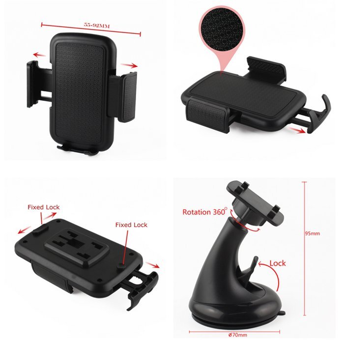 Obraz przedstawia cztery zdjęcia uniwersalnego uchwytu samochodowego do telefonu. Widoczne są szczegóły takie jak wymiary 55-92MM, funkcje \'Fixed Lock\' oraz \'Rotation 360°\'.
