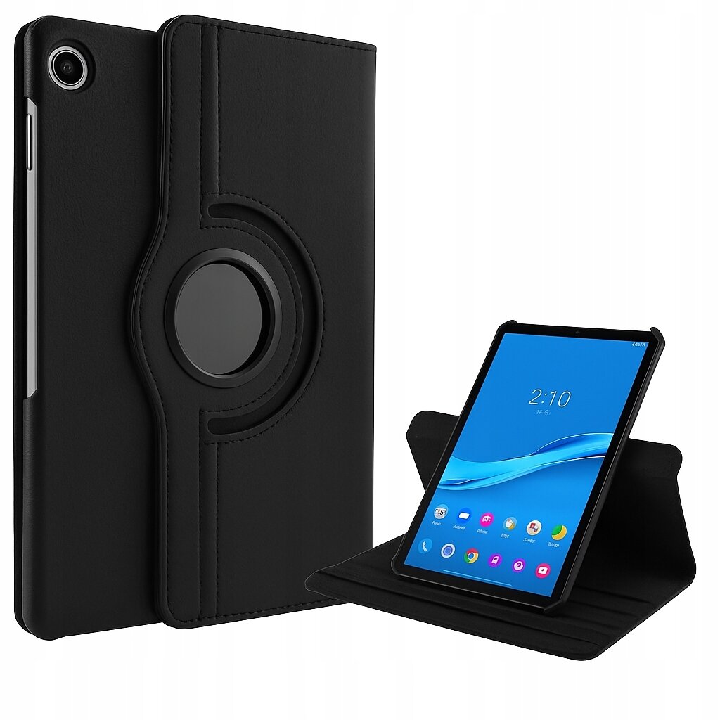 Czarne etui na tablet z okrągłym elementem na tylnej stronie. Tablet w etui wyświetla ekran z niebieskim tłem i ikonami aplikacji.