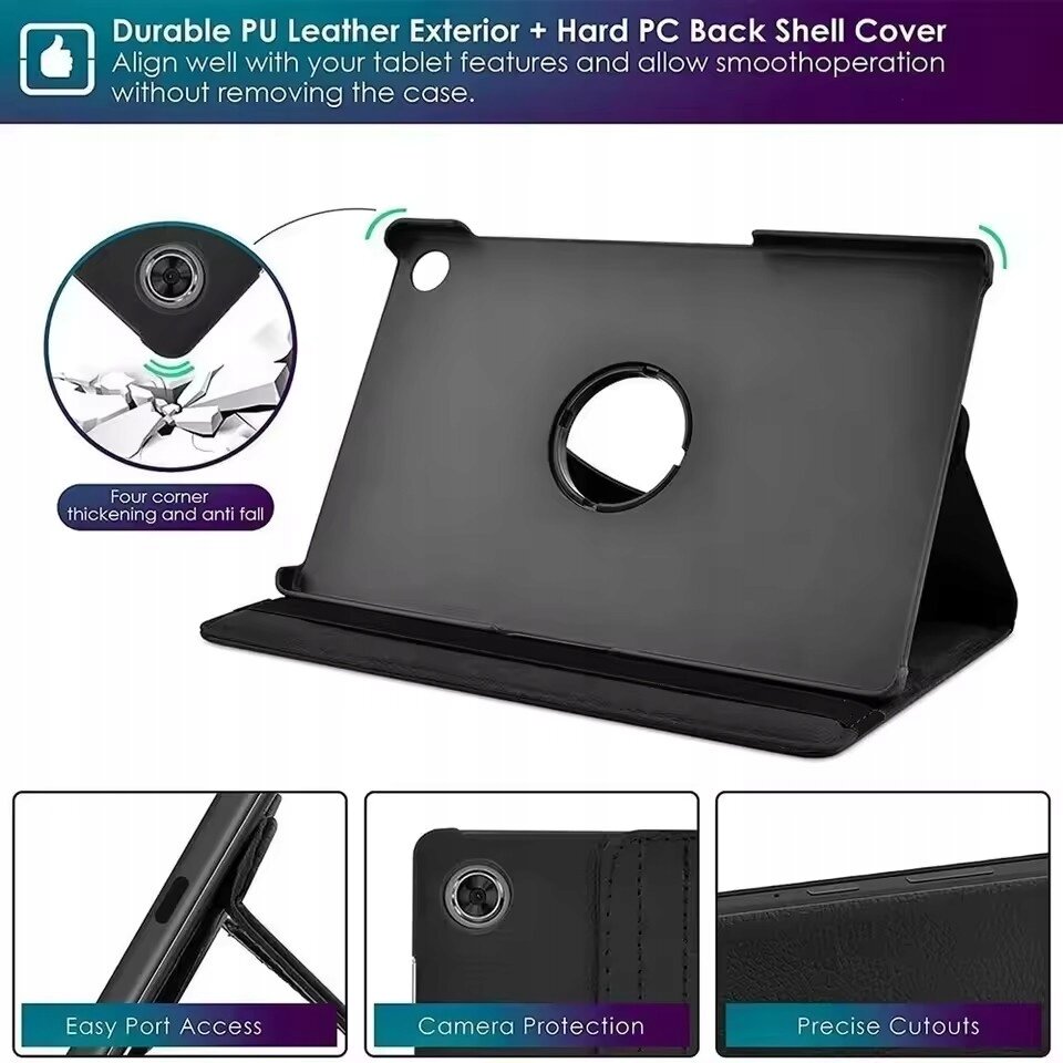 Czarne etui do tabletu z otworem na aparat i funkcją stojaka. Tekst na obrazie: \'Durable PU Leather Exterior + Hard PC Back Shell Cover\', \'Four corner thickening and anti fall\', \'Easy Port Access\', \'Camera Protection\', \'Precise Cutouts\'.