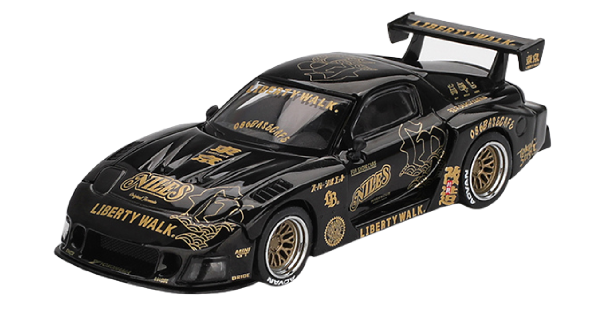 Czarny model samochodu wyścigowego z dużym tylnym spojlerem, ozdobiony złotymi napisami i grafikami, w tym \'LIBERTY WALK\' i \'AVERS\'.