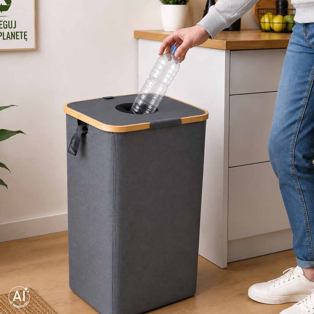 Osoba wkłada plastikową butelkę do szarego kosza na butelki kaucyjne zwrotne, który stoi obok blatu kuchennego. Na ścianie wisi plakat z napisem \'Segreguj dla planety\'.