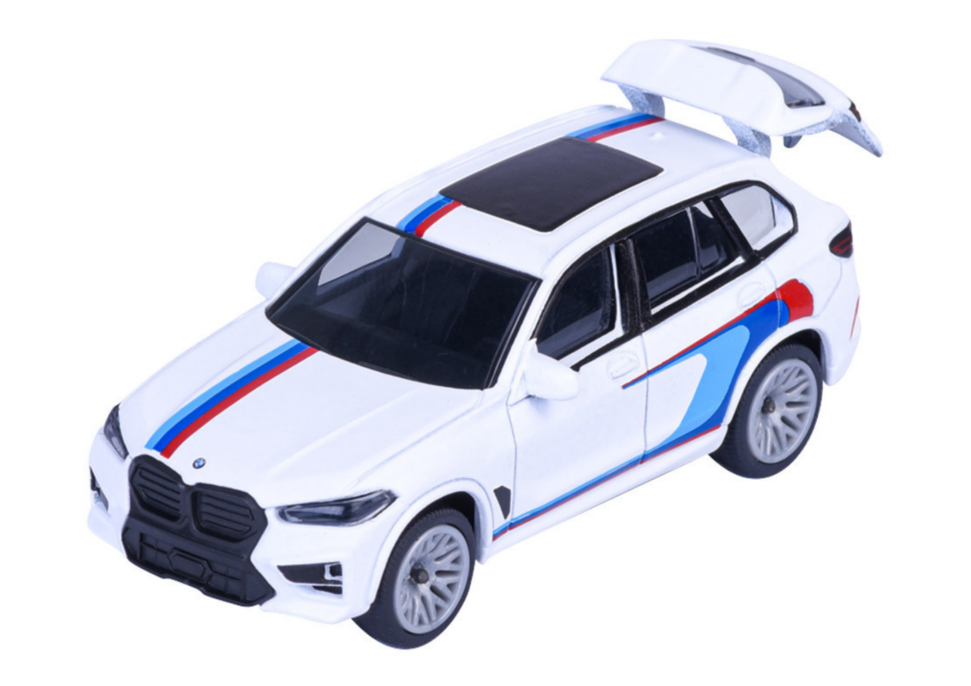 Model samochodu w skali 1:64 przedstawiający biały SUV z kolorowymi paskami na masce i dachu. Na przodzie widoczne jest logo BMW.