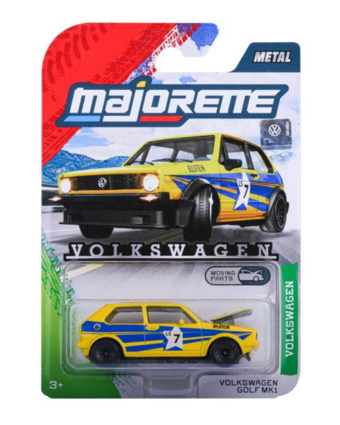 Opakowanie modelu samochodu Majorette z żółtym Volkswagenem Golf MK1 w skali 1:64, ozdobionym niebieskimi i białymi paskami oraz numerem 7. Na opakowaniu widnieje napis \'VOLKSWAGEN\' oraz logo producenta, a także informacja o ruchomych częściach.