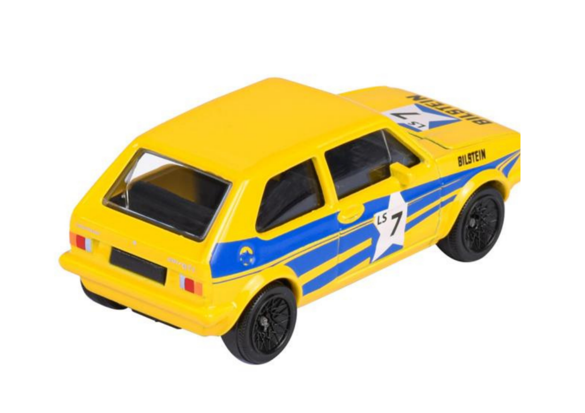 Model samochodu w kolorze żółtym z niebieskimi pasami i napisem \'BILSTEIN\' oraz \'LS 7\' na boku. Posiada czarne koła i szczegółowe oznaczenia na tylnej części pojazdu.
