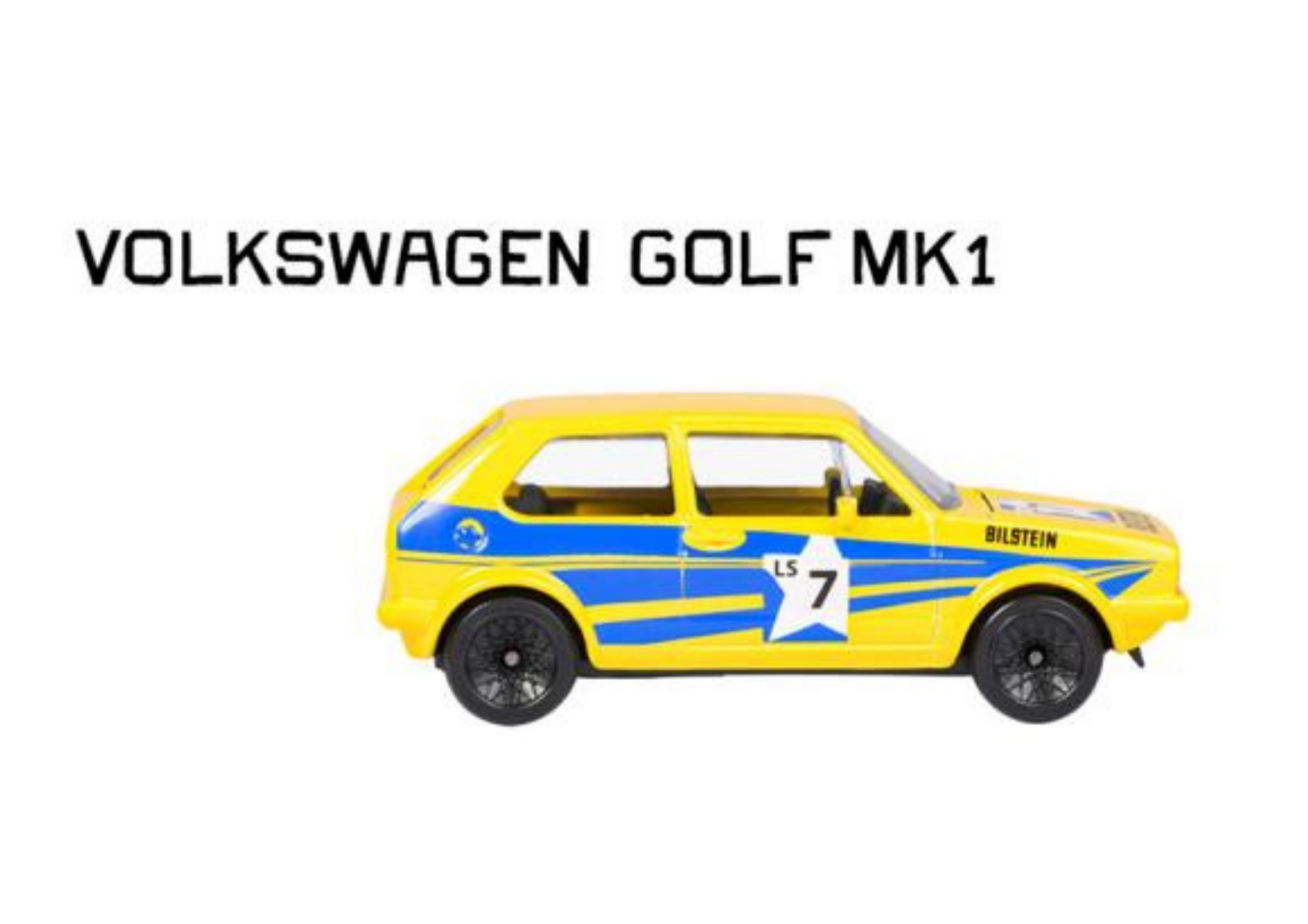 Model samochodu w kolorze żółtym z niebieskimi pasami i numerem 7 na boku. Nad modelem widoczny jest tekst: VOLKSWAGEN GOLF MK1.
