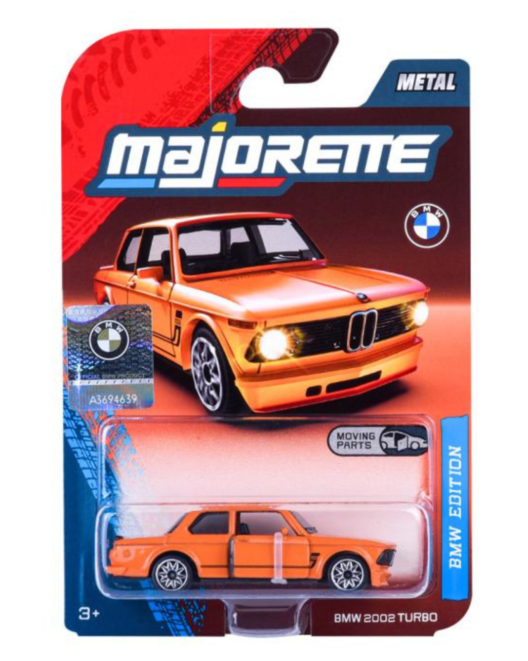 Opakowanie modelu samochodu Majorette BMW Edition z pomarańczowym BMW 2002 Turbo w skali 1:64. Na opakowaniu widoczne są napisy: \'METAL\', \'MOVING PARTS\', \'BMW 2002 TURBO\' oraz logo BMW.