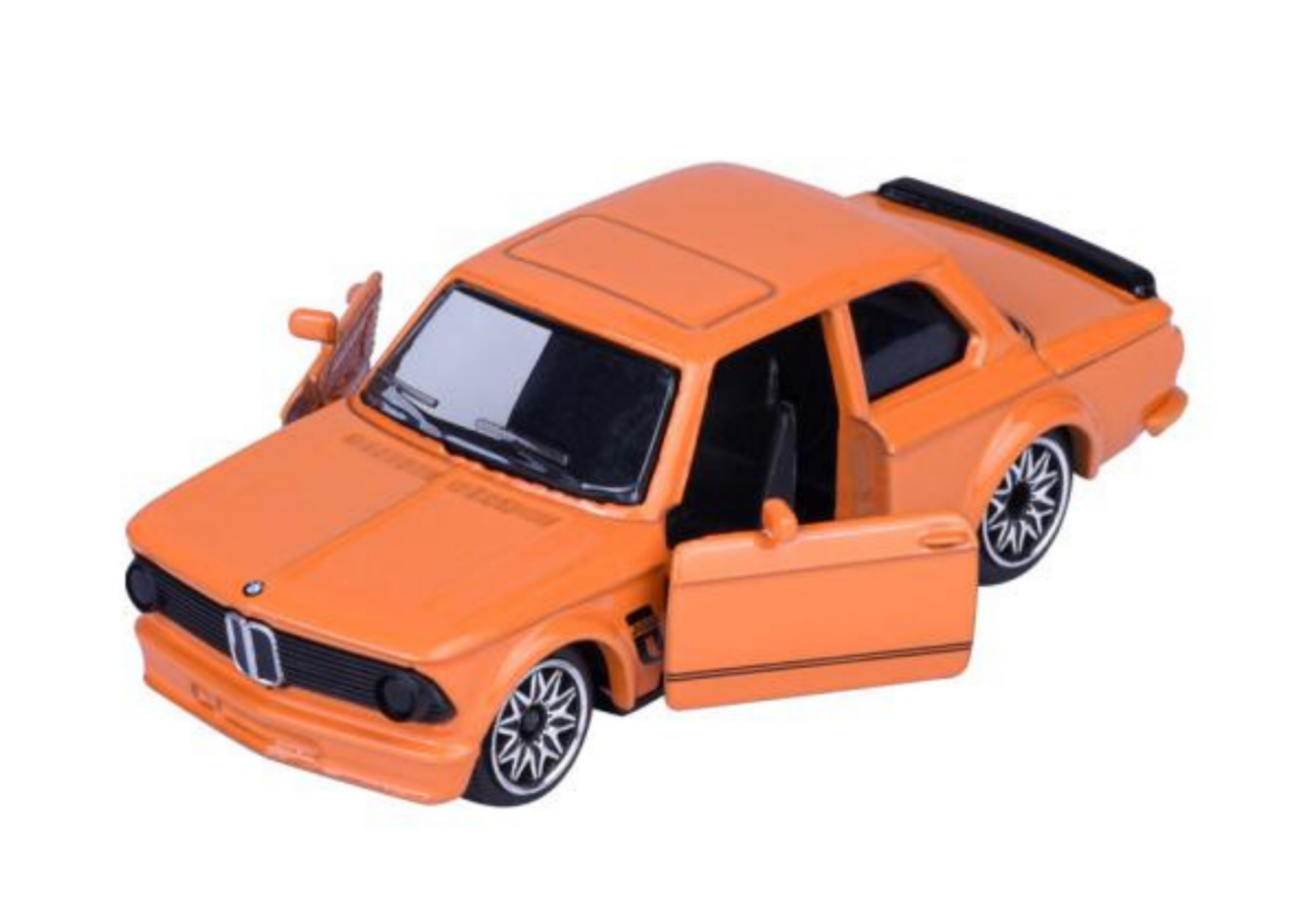 Model samochodu w kolorze pomarańczowym z otwartymi drzwiami i widocznym logo BMW na masce. Samochód ma czarne felgi i czarne detale na karoserii.