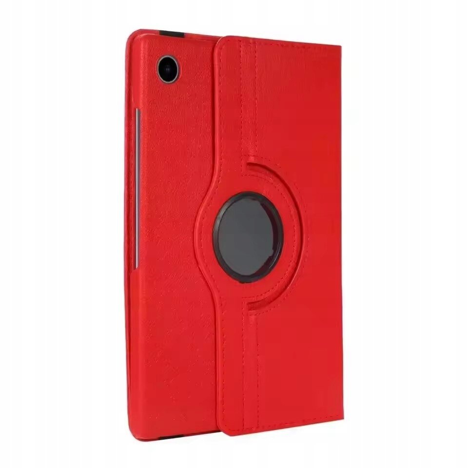 Czerwone etui na tablet z okrągłym wycięciem na tylnej stronie oraz otworem na aparat. Etui ma teksturowaną powierzchnię i pionowe przeszycia.