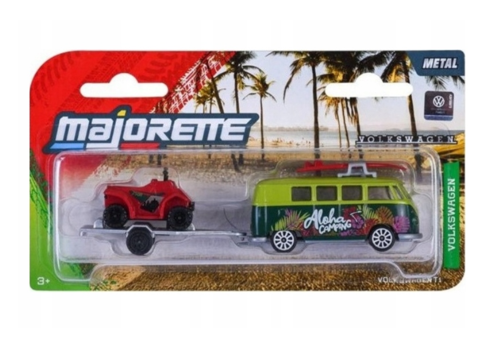 Opakowanie z metalowym modelem samochodu Volkswagen T1 z przyczepą i czerwonym quadem. Na opakowaniu widoczne są napisy: \'majorette\', \'Aloha Camping\', \'Volkswagen\' oraz logo producenta.