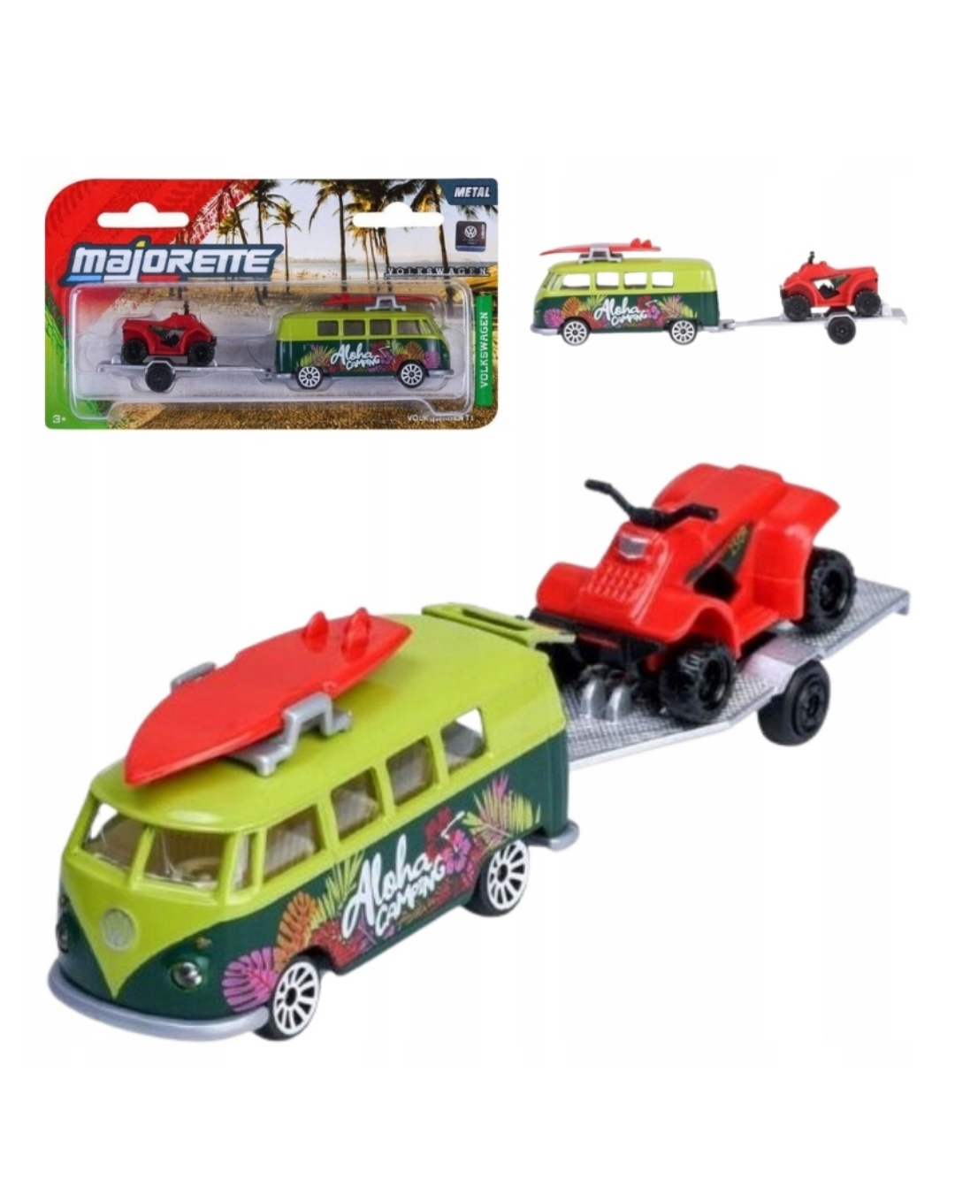 Model samochodu Volkswagen T1 w kolorze zielonym z napisem \'Aloha\' i przyczepą z czerwonym quadem. Opakowanie zawiera logo \'Majorette\' i zdjęcie produktu na tle plaży.