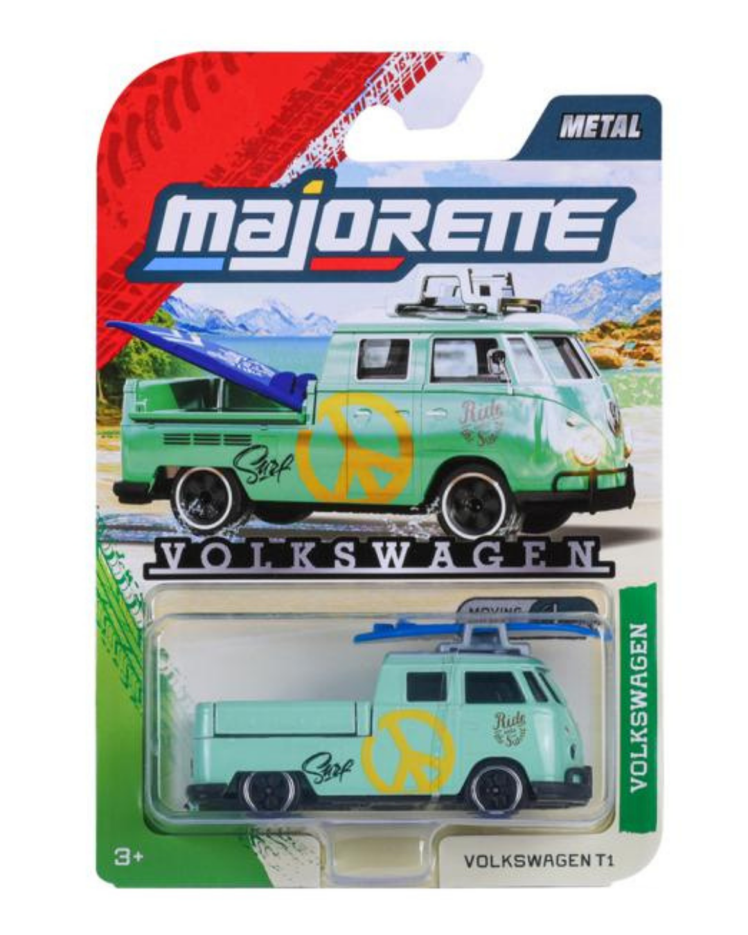 Opakowanie z metalowym modelem samochodu Majorette Volkswagen T1 w jasnym zielonym kolorze z żółtym symbolem pokoju i napisem \'Surf\' oraz \'Ride & Surf\'. Widoczne logo \'Majorette\' i napis \'Volkswagen\'.