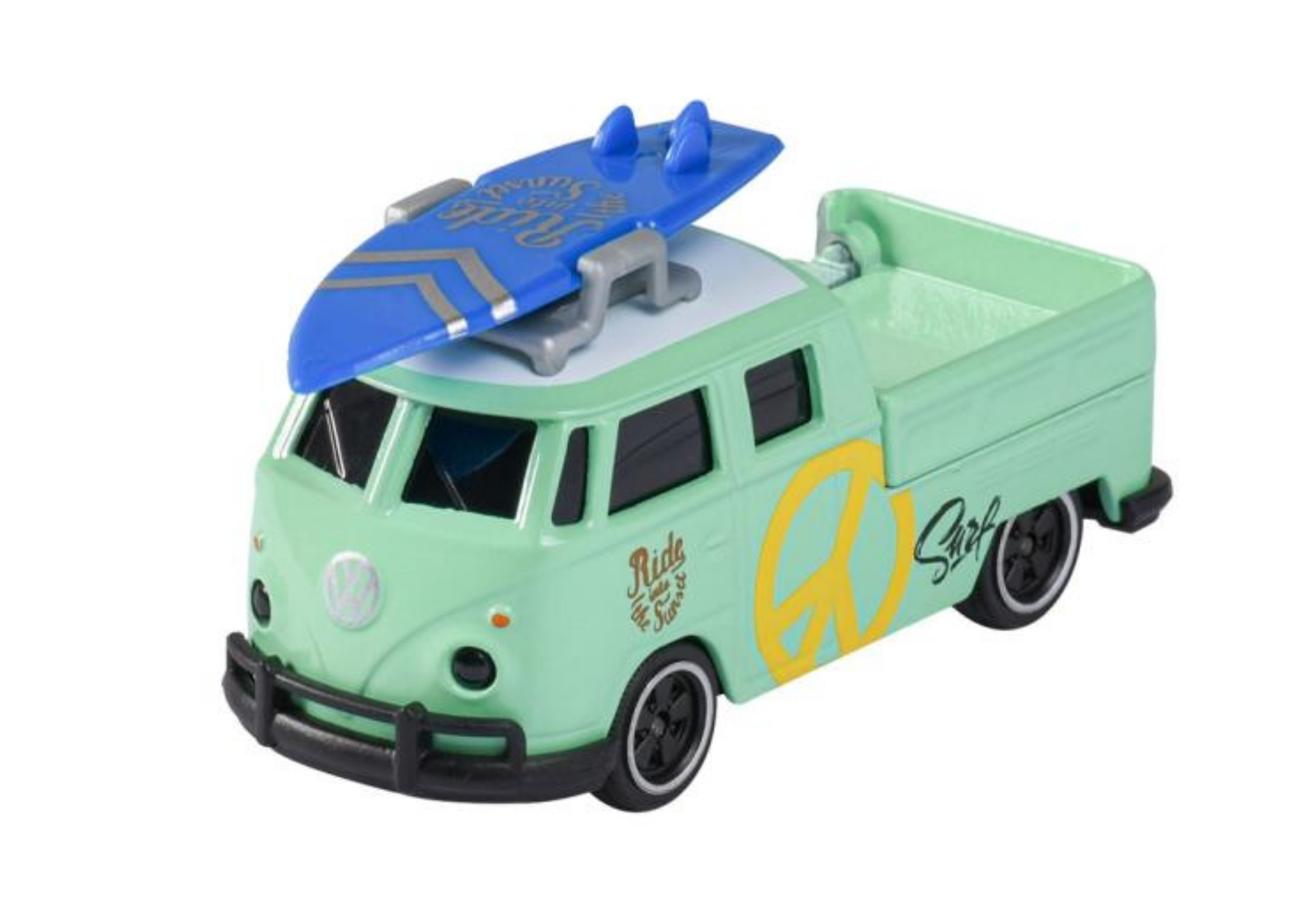 Model samochodu w jasnym zielonym kolorze z deską surfingową na dachu. Na boku pojazdu widoczne są napisy \'Ride\' i \'Surf\' oraz symbol pokoju.