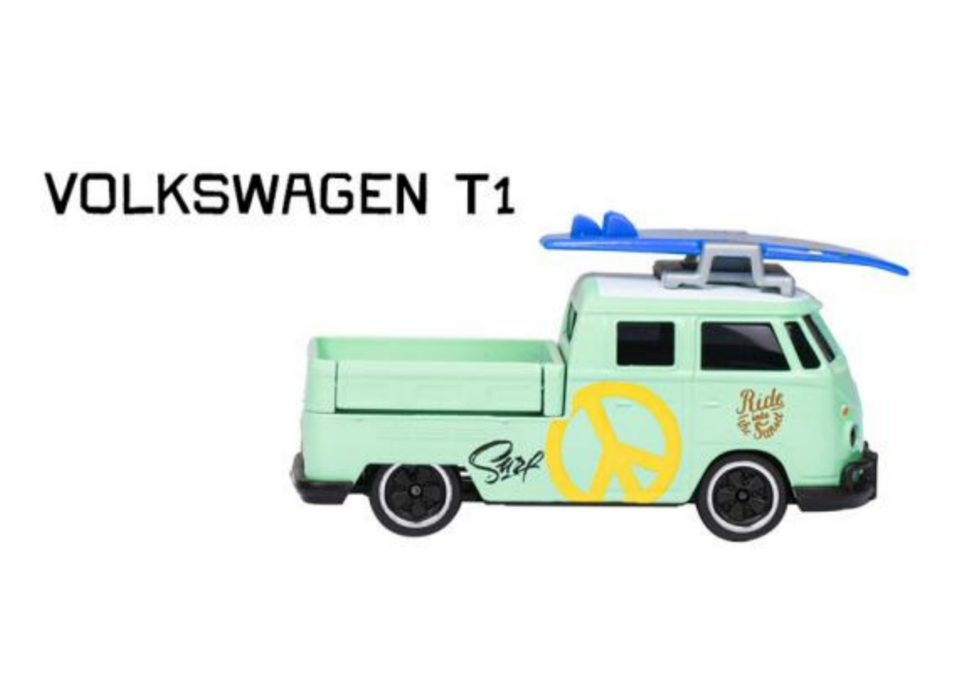 Model samochodu Volkswagen T1 w jasnym zielonym kolorze z żółtym symbolem pokoju na boku i niebieską deską surfingową na dachu. Obok pojazdu widoczny jest napis \'VOLKSWAGEN T1\'.