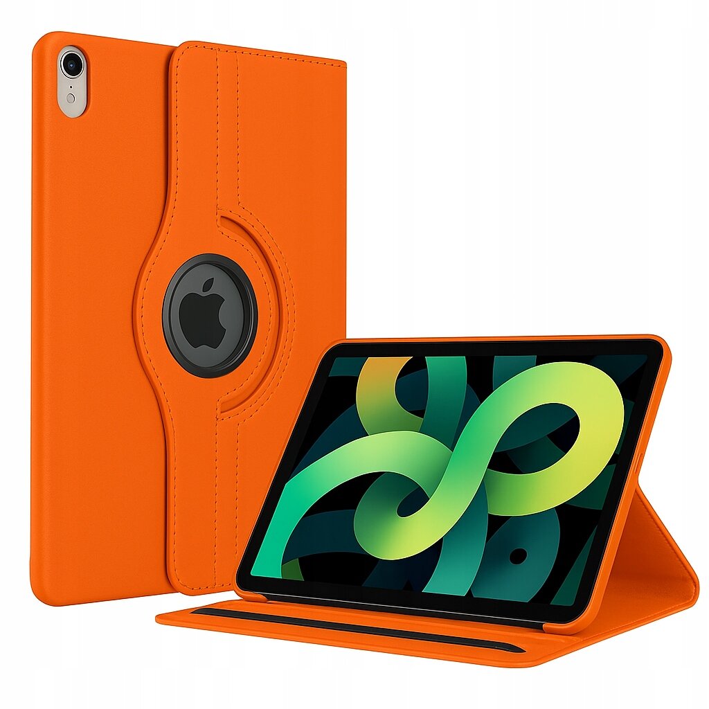 Pomarańczowe etui do tabletu z funkcją obrotu 360 stopni, z widocznym logo w kształcie jabłka. Tablet w etui wyświetla kolorowy wzór na ekranie.
