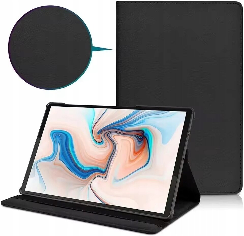 Obraz przedstawia czarne etui na tablet ustawione w pozycji stojącej, z widocznym ekranem tabletu wyświetlającym abstrakcyjny wzór w odcieniach niebieskiego i pomarańczowego. W lewym górnym rogu znajduje się powiększenie tekstury etui w okrągłym kształcie.