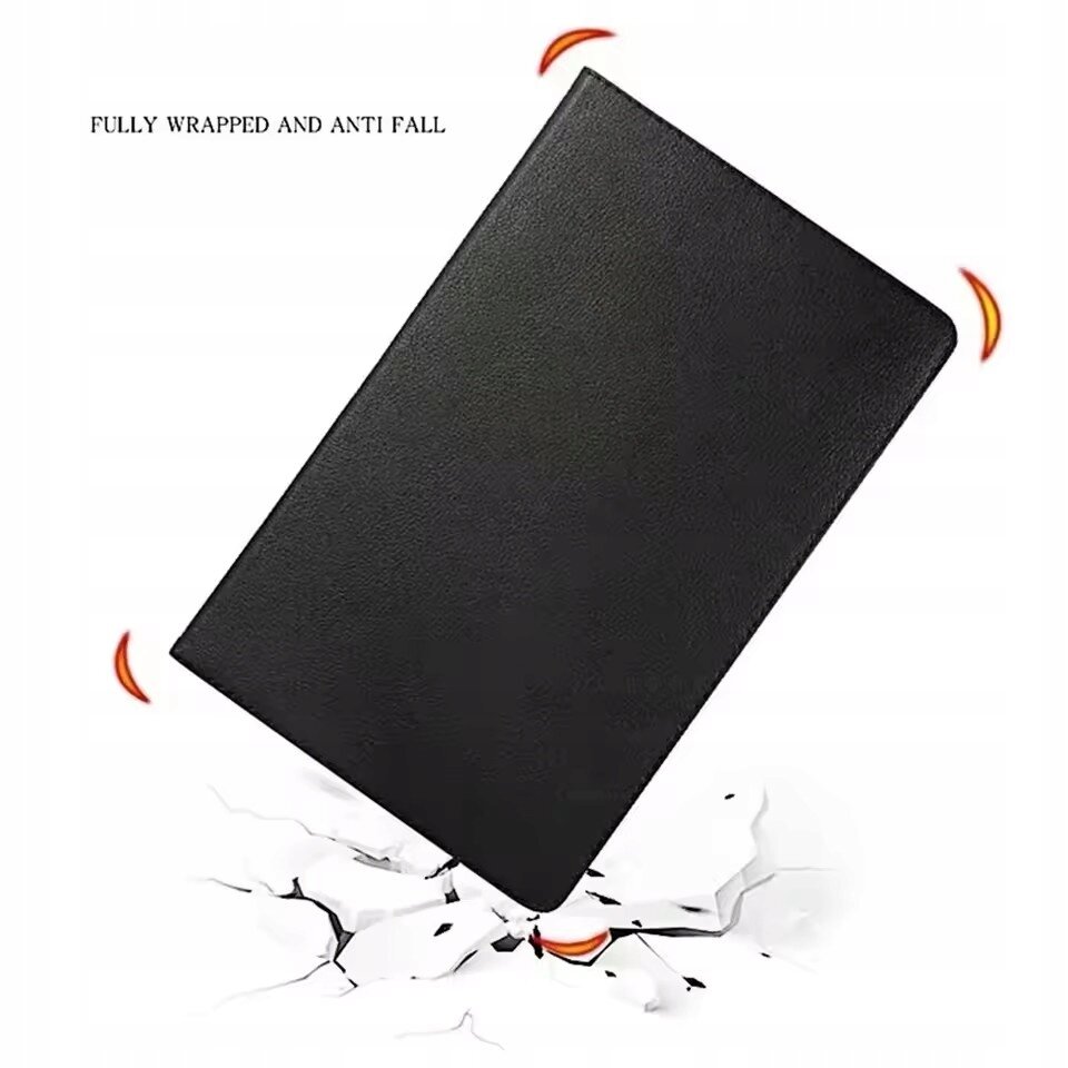 Czarne etui leży na powierzchni z efektem pęknięcia. Widoczny tekst: \'FULLY WRAPPED AND ANTI FALL\'.