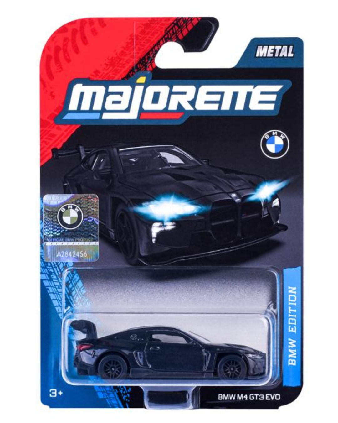 Opakowanie z metalowym modelem samochodu w skali 1:64, przedstawiające czarny BMW M4 GT3 EVO. Na opakowaniu widoczne jest logo Majorette oraz BMW, a także napis \'BMW EDITION\'.