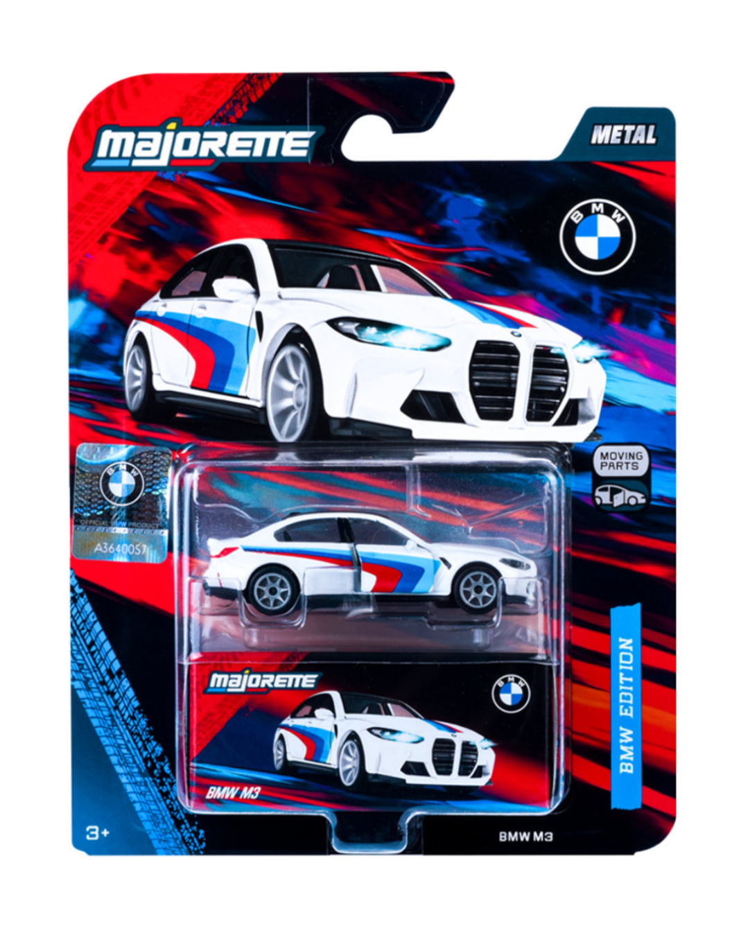 Opakowanie z modelem samochodu Majorette BMW M3 w skali 1:64, w kolorze białym z niebiesko-czerwonymi detalami. Widoczne logo BMW oraz napis \'BMW EDITION\'.