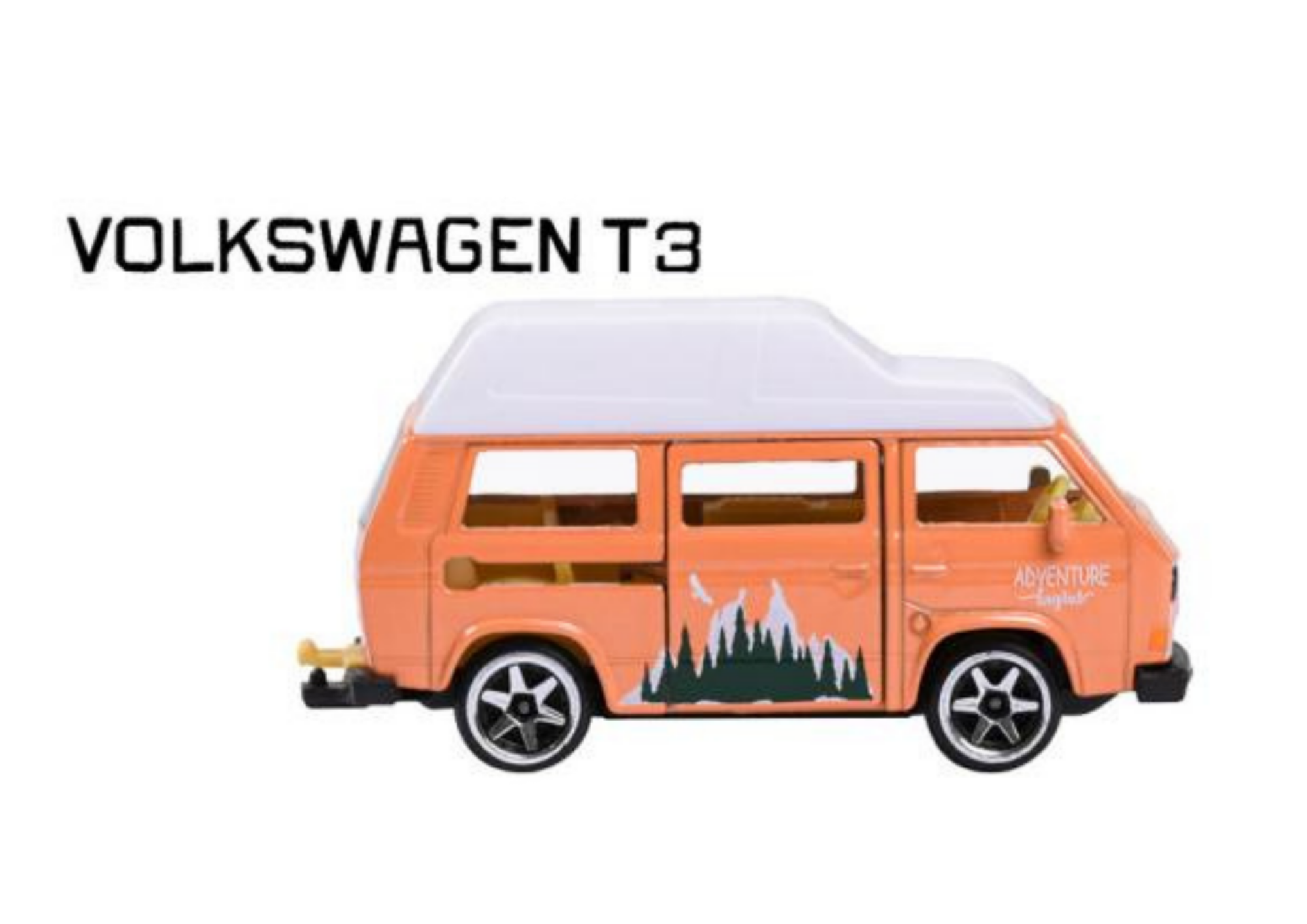 Model samochodu Volkswagen T3 w kolorze pomarańczowym z białym dachem i grafiką przedstawiającą drzewa oraz napisem \'ADVENTURE begins\'. Obok pojazdu widoczny jest tekst \'VOLKSWAGEN T3\'.