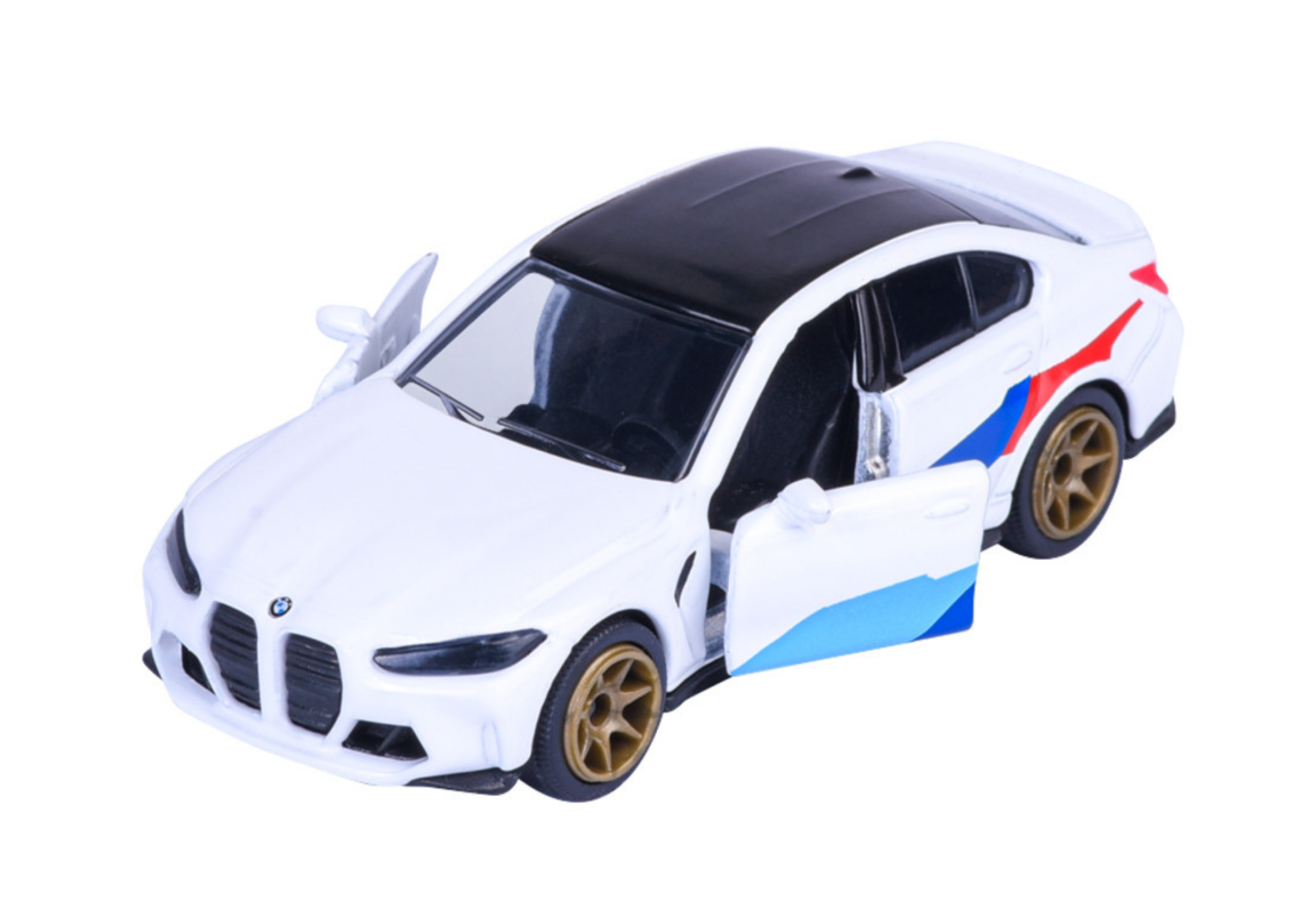Model samochodu w skali 1:64 przedstawia biały pojazd z czarnym dachem i złotymi felgami, z otwartymi drzwiami. Na boku widoczne są kolorowe pasy, a na przodzie logo BMW.
