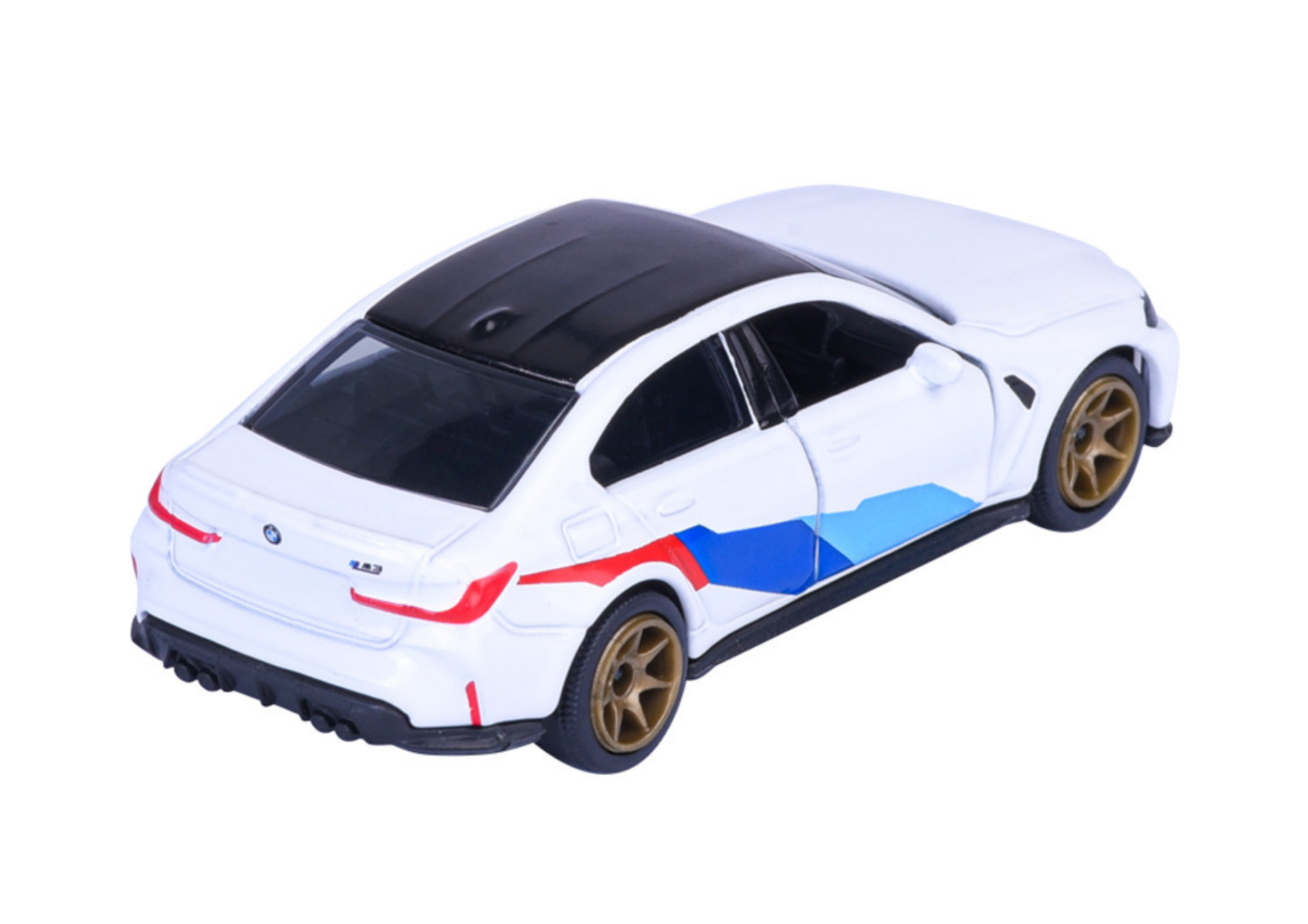 Model samochodu w kolorze białym z czarnym dachem, ozdobiony niebiesko-czerwonymi paskami i złotymi felgami. Na tylnej części widoczne jest logo BMW oraz oznaczenie \'M3\'.