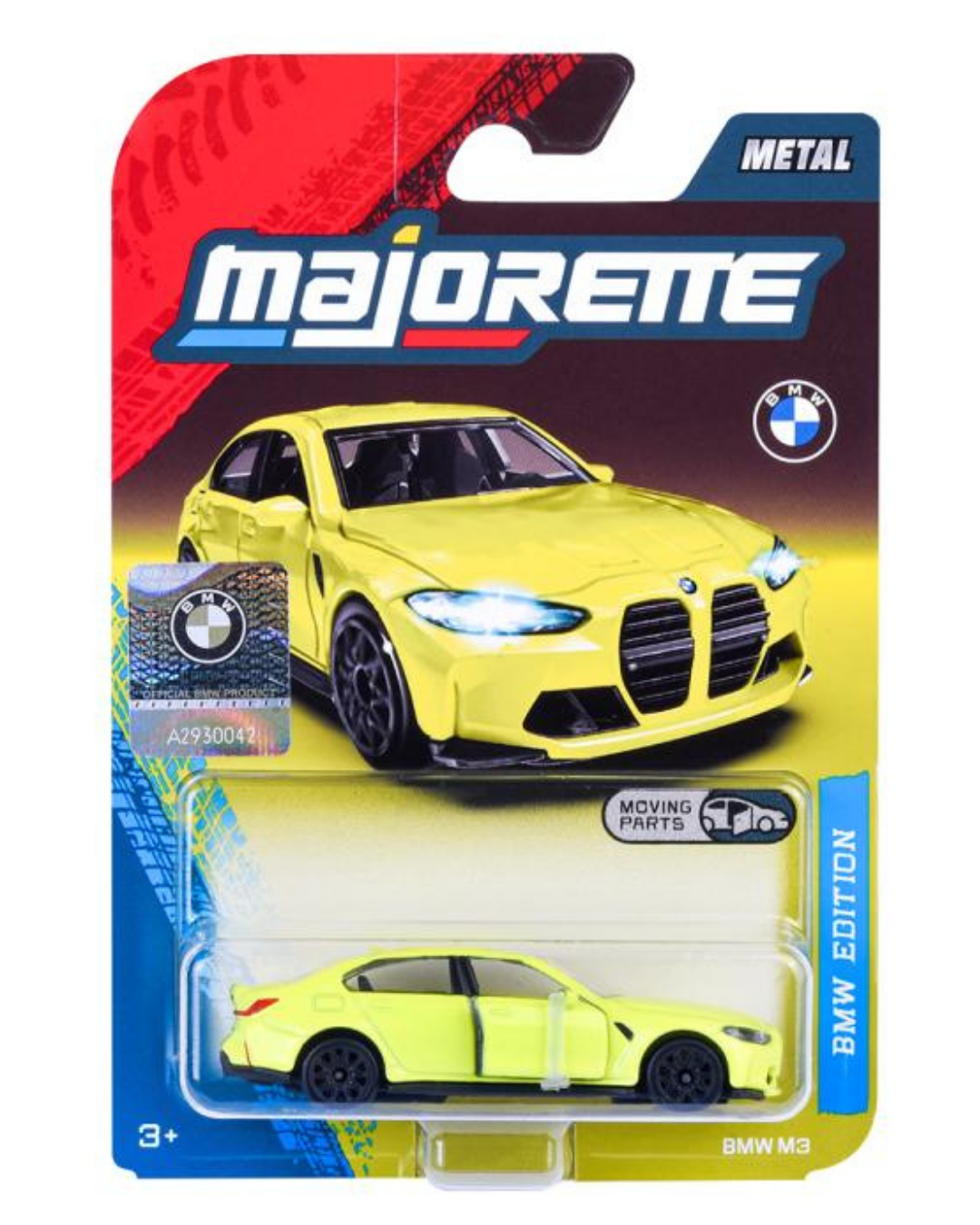 Opakowanie z modelem samochodu Majorette BMW Edition w kolorze żółtym. Na opakowaniu widoczne są napisy: \'METAL\', \'MOVING PARTS\', \'BMW EDITION\', \'BMW M3\' oraz logo BMW.
