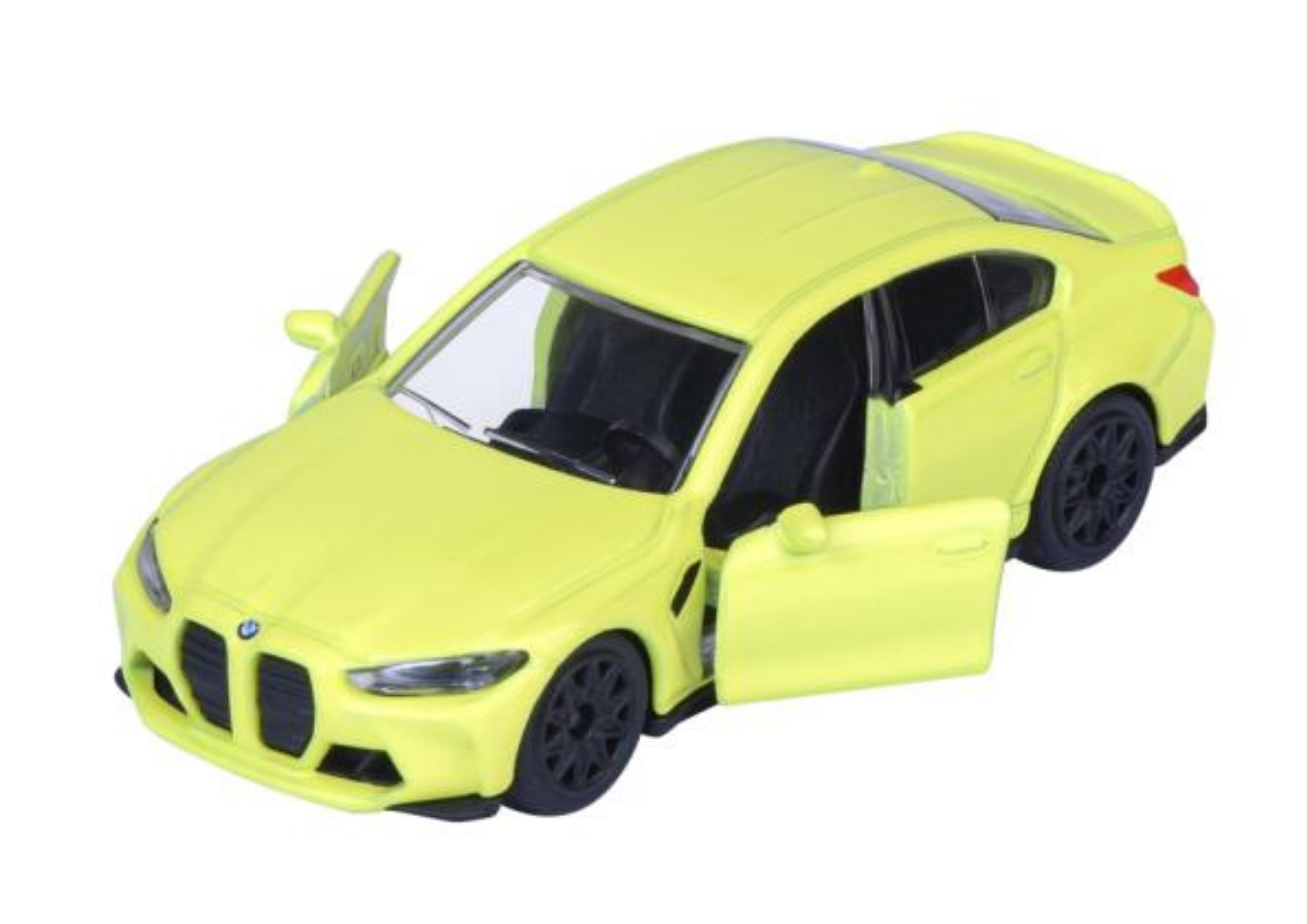 Żółty model samochodu BMW z otwartymi drzwiami, wykonany z metalu w skali 1:64. Na przodzie widoczne jest logo BMW.