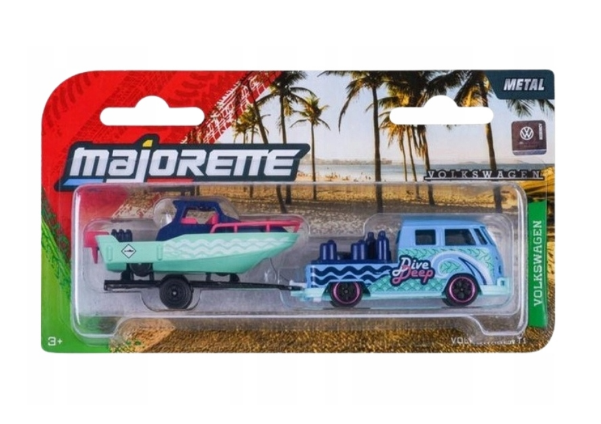 Opakowanie z modelem samochodu Volkswagen T1 z przyczepą i łodzią w kolorze niebieskim i zielonym. Na opakowaniu widoczne są napisy \'majorette\', \'Volkswagen\', \'Dive Deep\' oraz logo producenta.