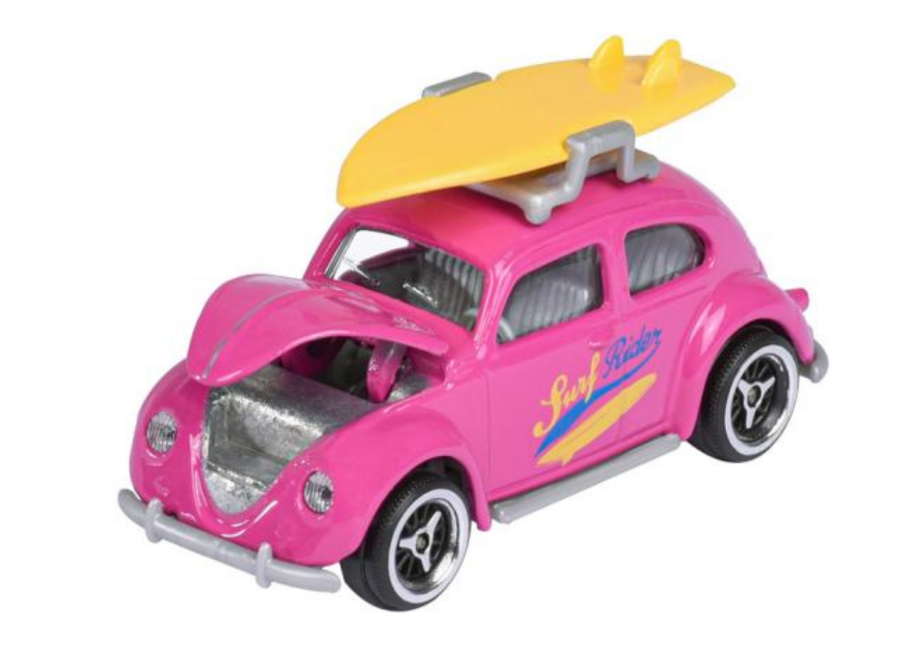 Różowy model samochodu Volkswagen Beetle z otwartą maską i żółtą deską surfingową na dachu. Na boku pojazdu widnieje napis \'Surf Rider\'.