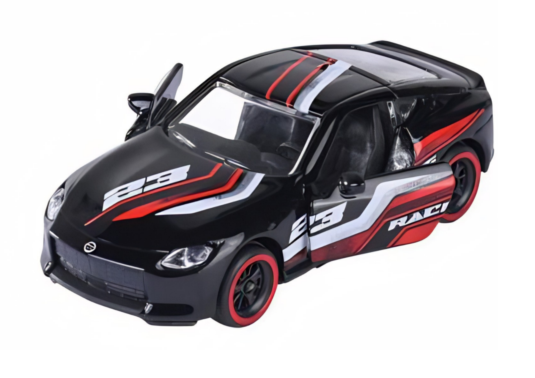 Czarny model samochodu wyścigowego z otwartymi drzwiami, ozdobiony czerwonymi i białymi paskami oraz numerem \'23\'. Na boku widoczny napis \'RACING\'.