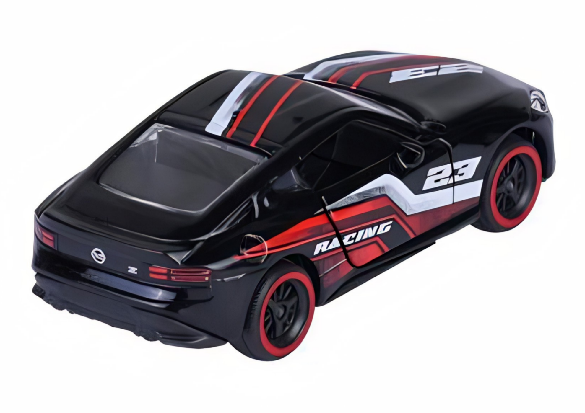 Czarny model samochodu wyścigowego z czerwonymi i białymi detalami oraz numerem 23 na drzwiach. Na boku widoczny napis \'RACING\' i logo \'Z\' z tyłu pojazdu.