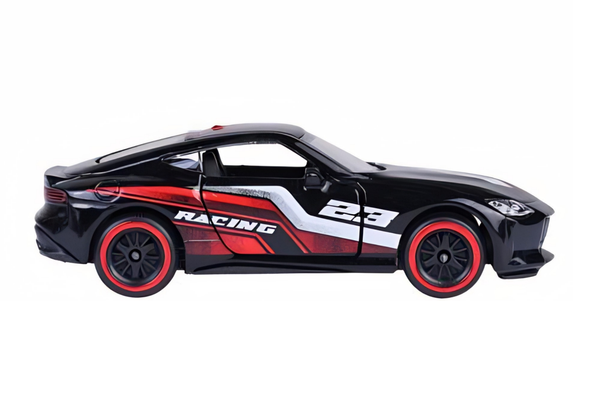 Model samochodu wyścigowego w skali 1:64, w kolorze czarnym z czerwonymi i białymi detalami oraz napisem \'RACING\' i numerem \'23\' na boku. Koła mają czerwone obręcze, a karoseria jest metalowa.