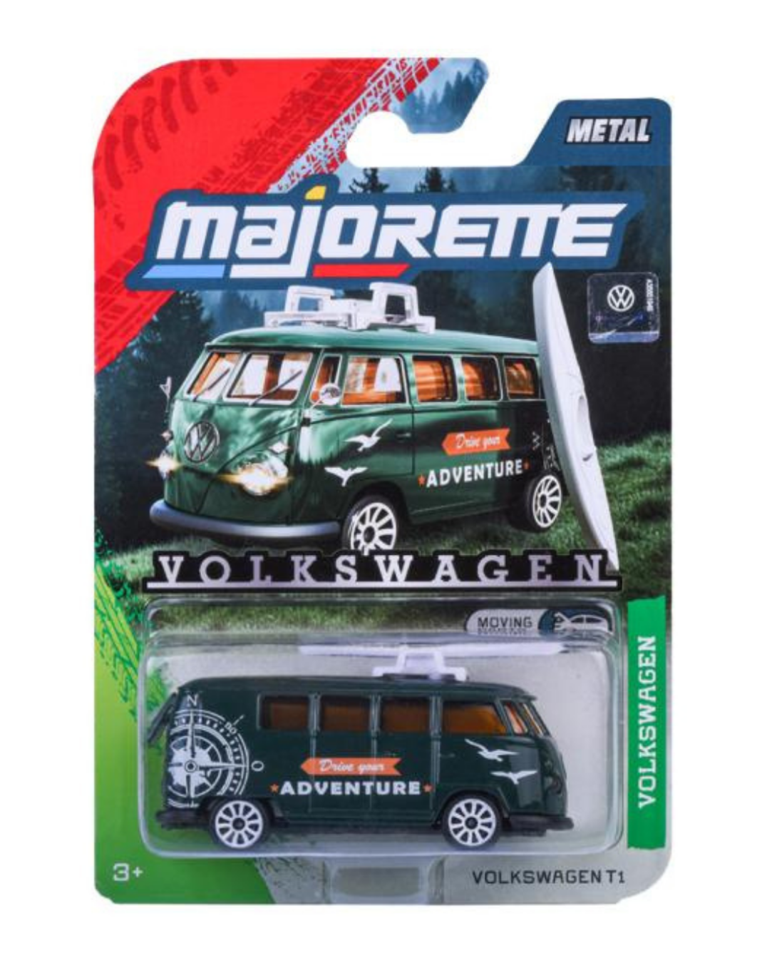 Opakowanie modelu samochodu Majorette Volkswagen T1 w ciemnozielonym kolorze z napisem \'ADVENTURE\'. Widoczne logo Volkswagen oraz oznaczenie \'METAL\'.