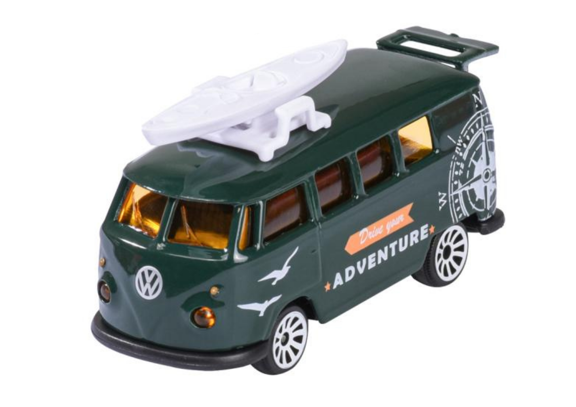Model samochodu Volkswagen T1 w ciemnozielonym kolorze z białą deską surfingową na dachu. Na boku pojazdu widnieje napis \'ADVENTURE\' oraz logo Volkswagen.