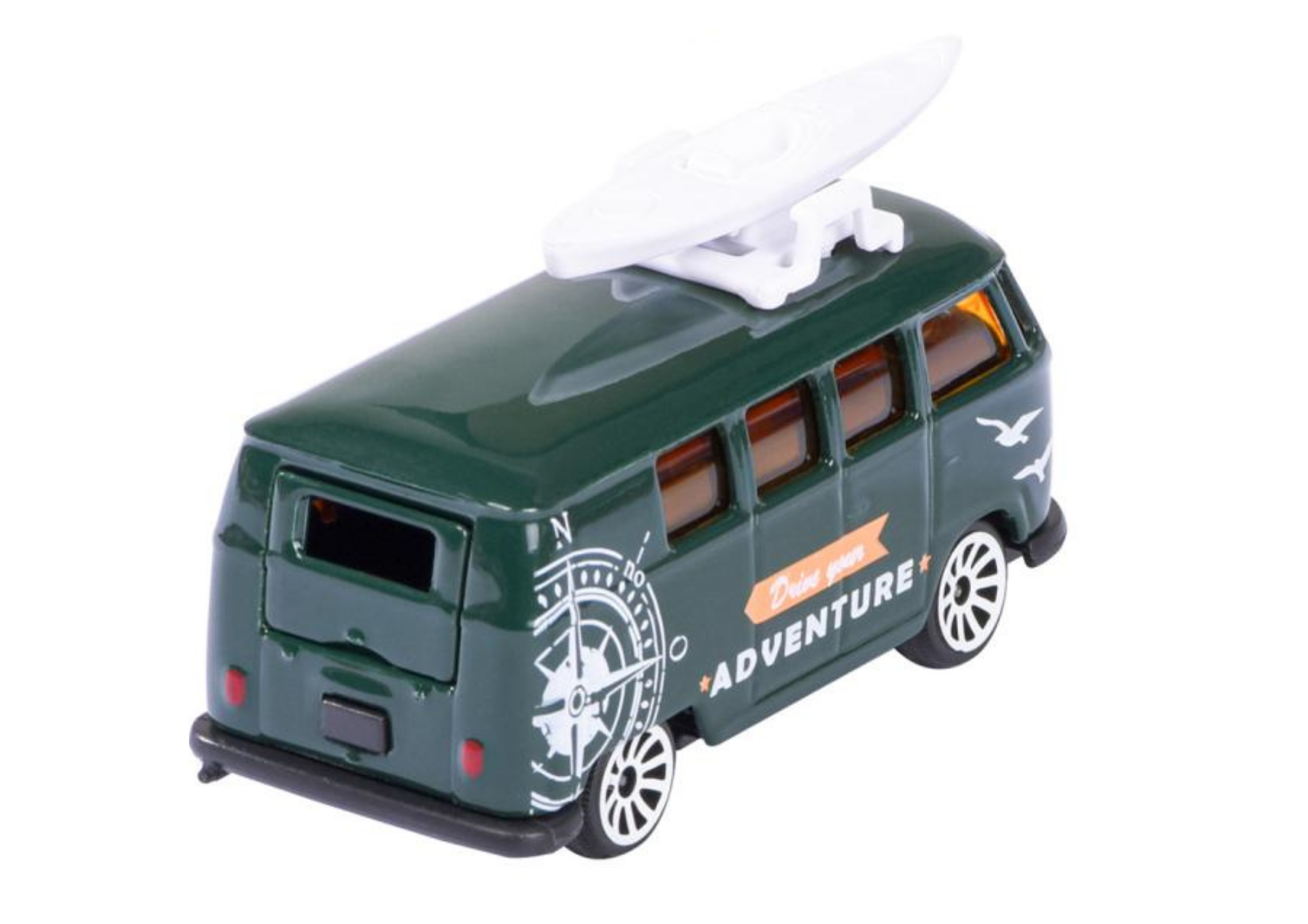 Model metalowego samochodu w ciemnozielonym kolorze z białą deską surfingową na dachu. Na boku pojazdu widoczny jest napis \'Drive your ADVENTURE\' oraz grafika kompasu i mewy.